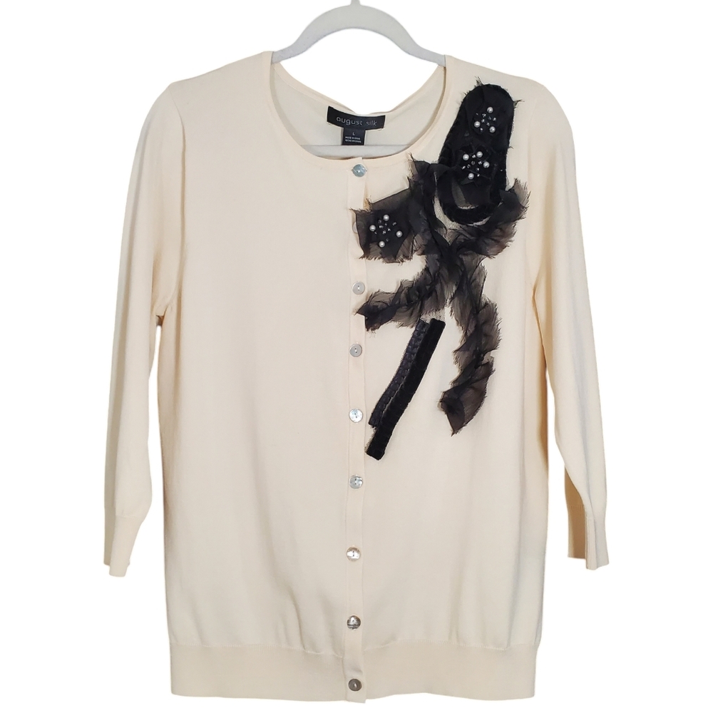 AUGUST SILK Cream Faux Pearl Black Tulle Applique 3/4 Sleeve  Cardigan Event